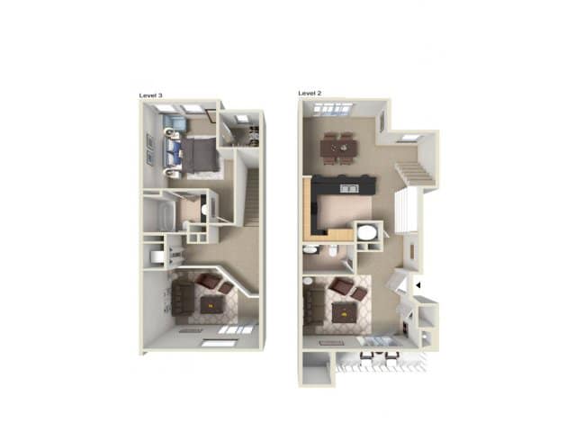 A 3D image of the Unit K floorplan, a 952 squarefoot, 1 bed / 1.5 bath unit