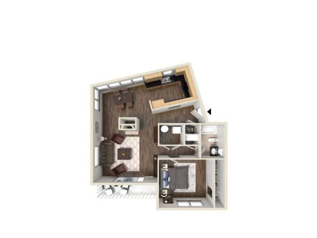 A 3D image of the Unit D floorplan, a 789 squarefoot, 1 bed / 1 bath unit