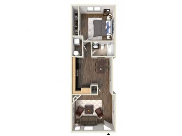 A 3D image of the Unit L floorplan, a 708 squarefoot, 1 bed / 1 bath unit