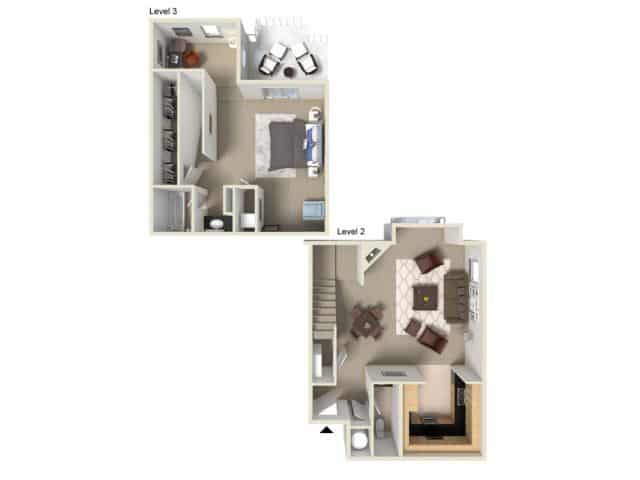 A 3D image of the Unit H floorplan, a 976 squarefoot, 1 bed / 1.5 bath unit