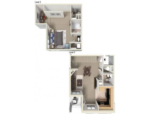 A 3D image of the Unit E floorplan, a 968 squarefoot, 1 bed / 1.5 bath unit