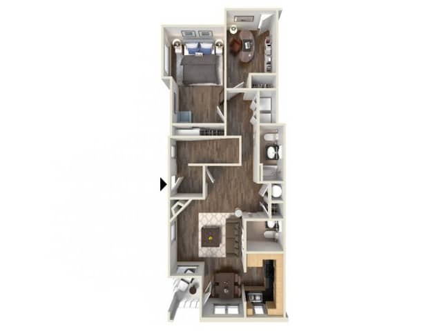 A 3D image of the Unit A floorplan, a 1032 squarefoot, 2 bed / 1.5 bath unit