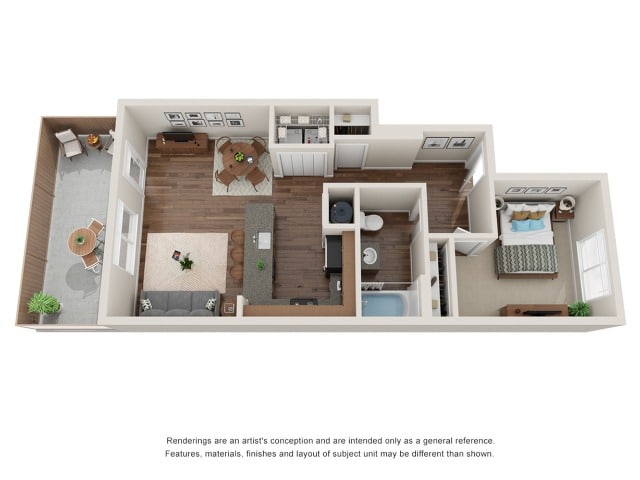 A 3D image of the Unit C floorplan, a 636 squarefoot, 1 bed / 1 bath unit