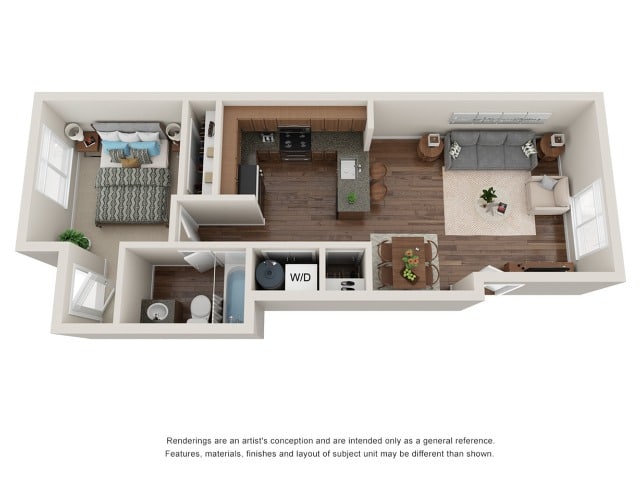 A 3D image of the Unit M floorplan, a 619 squarefoot, 1 bed / 1 bath unit