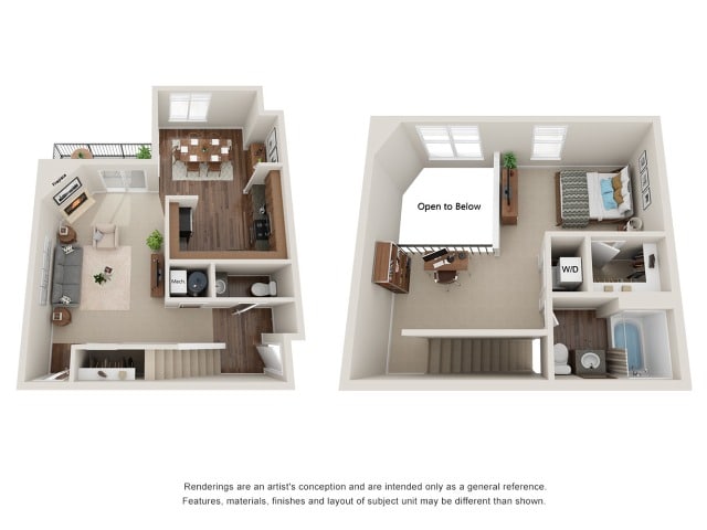 A 3D image of the Unit F floorplan, a 955 squarefoot, 1 bed / 1.5 bath unit