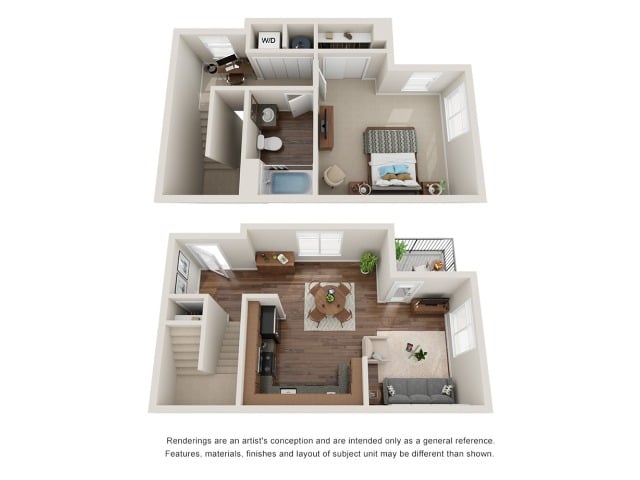 A 3D image of the Unit N floorplan, a 730 squarefoot, 1 bed / 1 bath unit