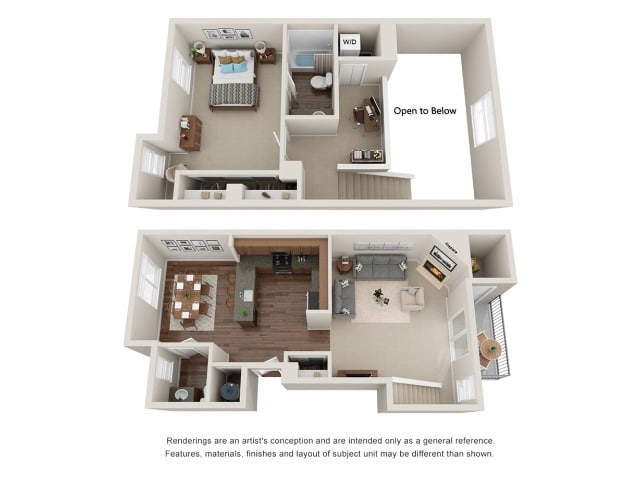 A 3D image of the Unit P floorplan, a 933 squarefoot, 1 bed / 1.5 bath unit