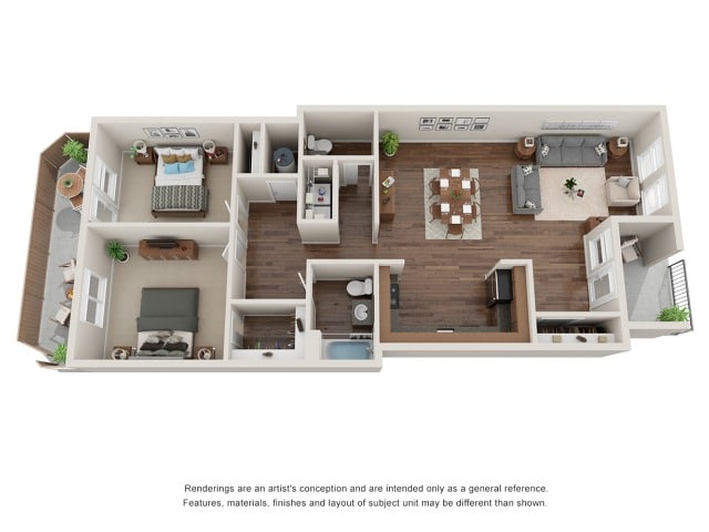 A 3D image of the Unit B floorplan, a 1073 squarefoot, 2 bed / 1.5 bath unit