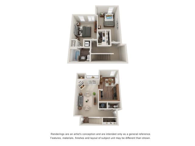 A 3D image of the Unit G floorplan, a 1086 squarefoot, 2 bed / 1.5 bath unit