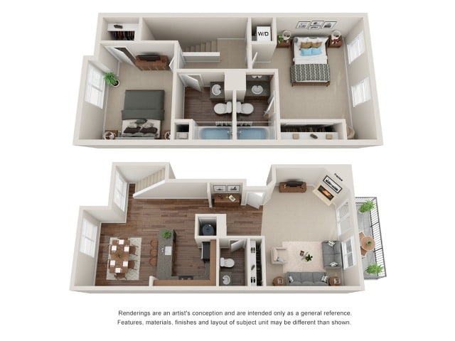 A 3D image of the Unit J floorplan, a 1206 squarefoot, 2 bed / 2.5 bath unit