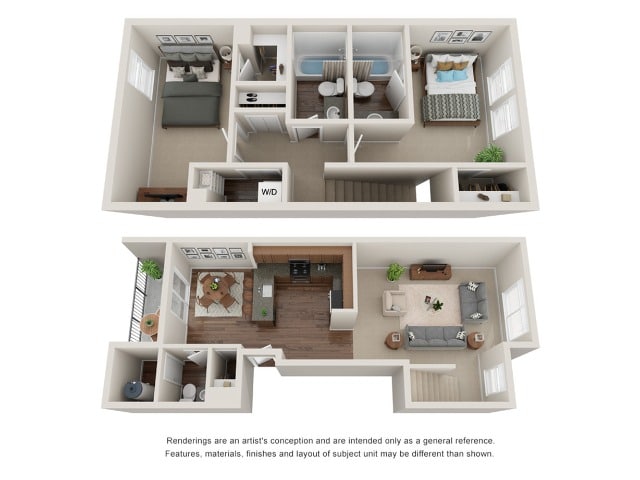 A 3D image of the Unit O floorplan, a 1146 squarefoot, 2 bed / 2.5 bath unit