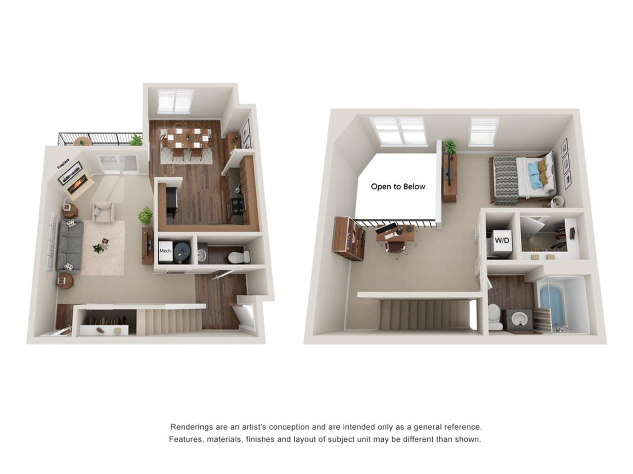 A 3D image of the F Renovated floorplan, a 955 squarefoot, 1 bed / 1.5 bath unit