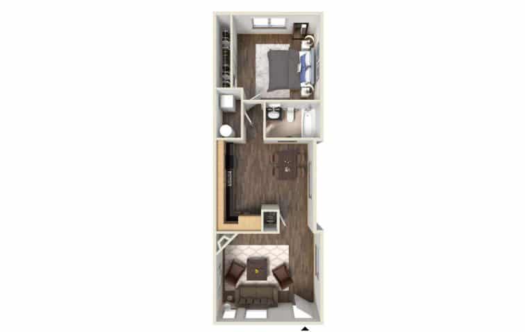 A 3D image of the L Renovated floorplan, a 708 squarefoot, 1 bed / 1 bath unit