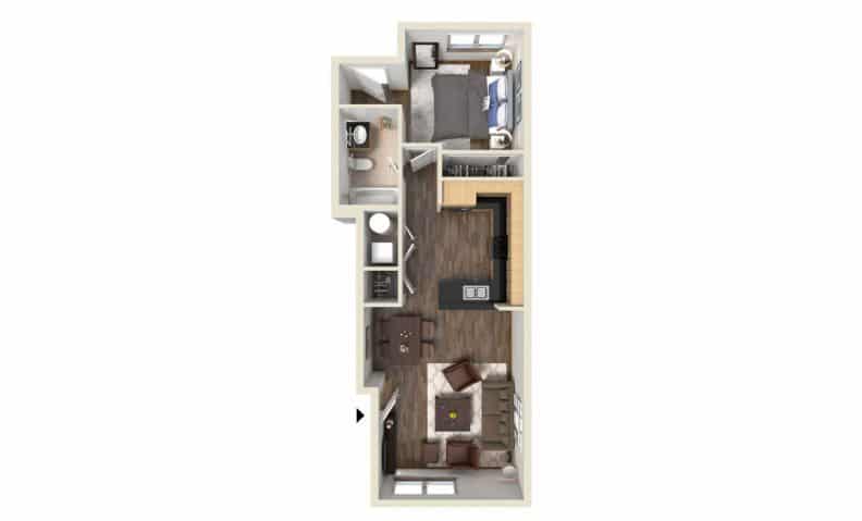 A 3D image of the M Renovated floorplan, a 619 squarefoot, 1 bed / 1 bath unit