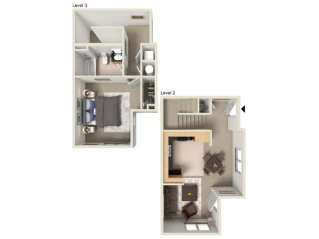 A 3D image of the N Renovated floorplan, a 730 squarefoot, 1 bed / 1 bath unit