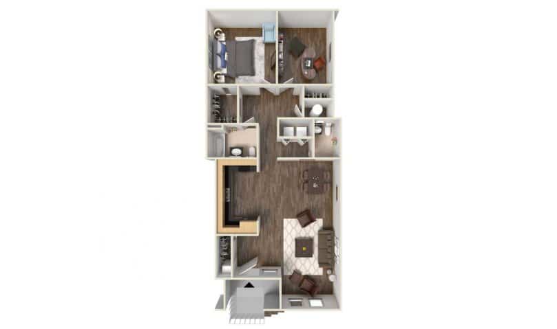 A 3D image of the B Renovated floorplan, a 1073 squarefoot, 2 bed / 1.5 bath unit