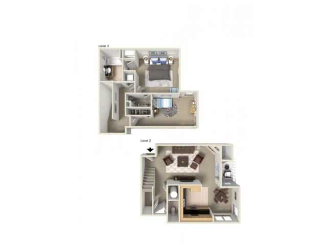 A 3D image of the G Renovated floorplan, a 1086 squarefoot, 2 bed / 1.5 bath unit