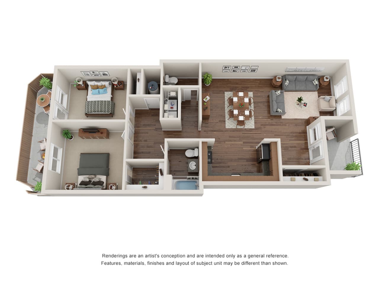 A 3D image of the B Renovated floorplan, a 1073 squarefoot, 2 bed / 1.5 bath unit